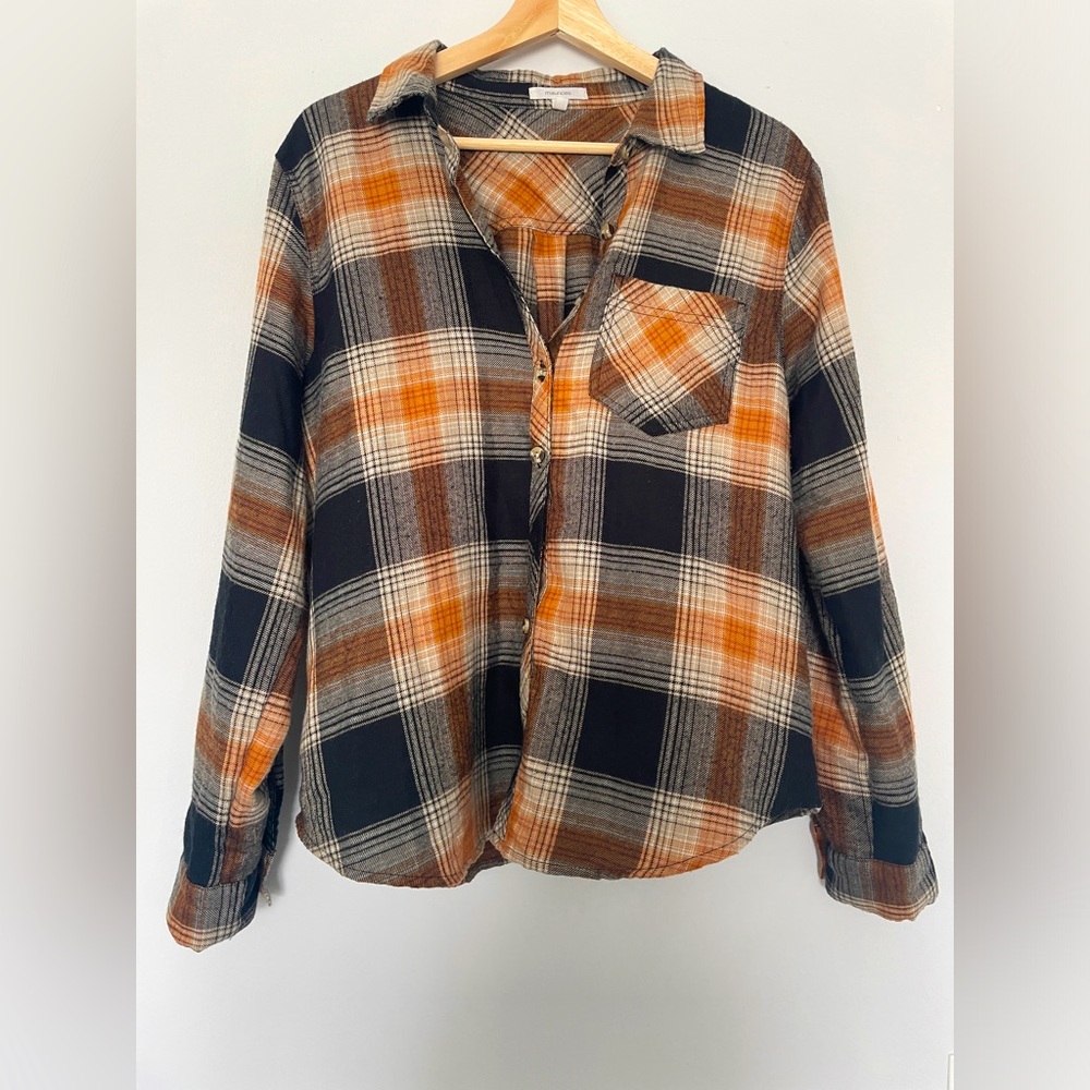Maurices Orange, Black & Cream Plaid Button-Down Shirt